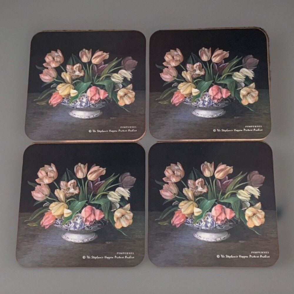 (4) Pimpernel Coasters Antique Tulips 4” Square Stephanie Hoffen